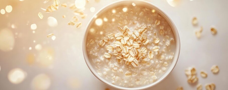 A cozy bowl of oatmeal topped with oats, surrounded by a soft, warm light, perfect for a healthy breakfast or snack.