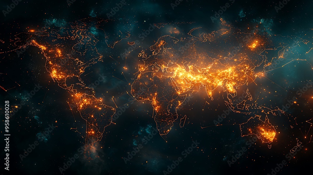 Poster a world map with glowing connections and cities, capturing the essence of global networking and tech