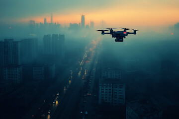 Deserted Urban Landscape with Drone Surveillance Under AI Control at Dawn