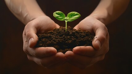 A pair of hands gently hold a small green sprout emerging from rich soil, symbolizing growth and new beginnings.