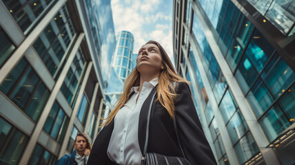 Fototapeta premium Portrait of a ambitious and confident businesswoman in low angle shot