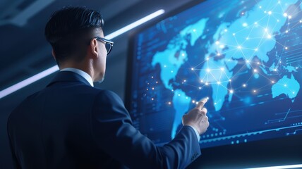 Business professional analyzing global data on a digital map using advanced technology in a modern office environment.