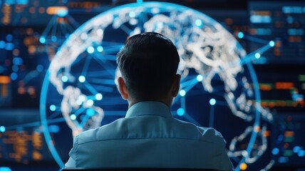 Businessman analyzing global data visualization on a digital screen, representing technology and innovation.