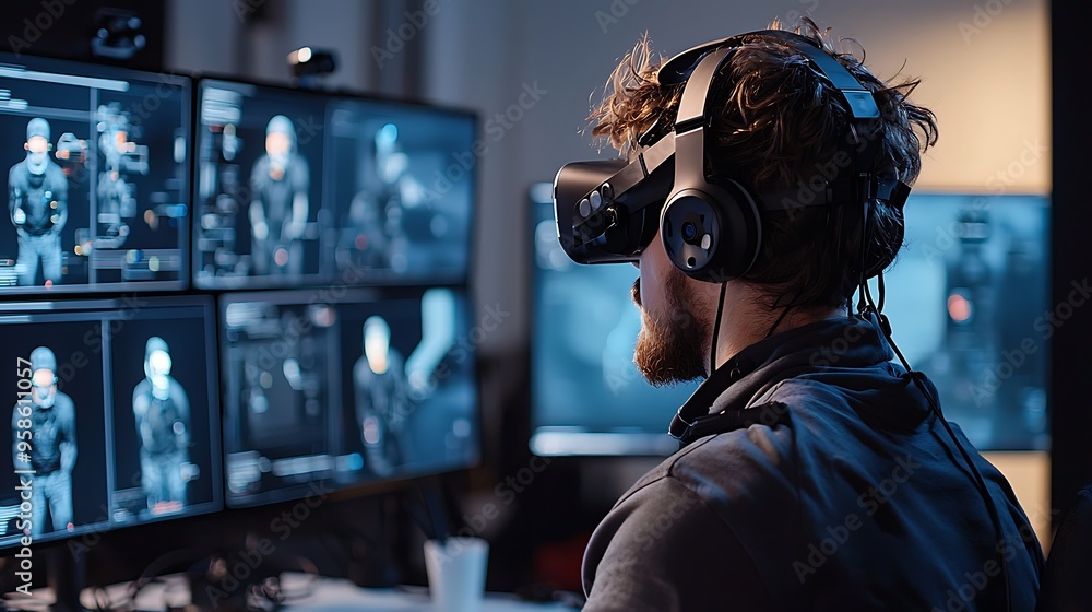 Poster a man wearing a vr headset works on a computer with multiple monitors, immersed in a high-tech virtu