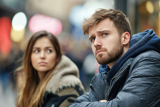 Bored man shopping with his girlfriend in a commercial street - Powered by Adobe