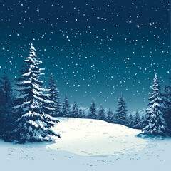 Obraz premium Abstract snowy landscape with pine trees and stars.