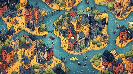 Fototapeta premium A colorful cartoon cityscape with a river and boats, full of life and playful energy.
