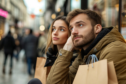 Bored man shopping with his girlfriend in a commercial street - Powered by Adobe
