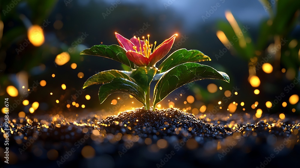 Poster a blooming flower with a soft golden glow surrounded by bokeh, creating a magical and serene atmosph