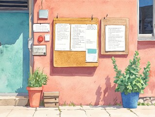 Colorful wall with bulletin board and potted plants, showcasing a vibrant and inviting entrance in an urban setting. watercolor style.