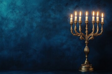 Golden Menorah with Burning Candles on a Dark Blue Background