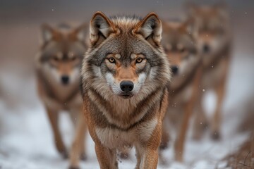Naklejka premium A wolf leads its pack through a snowy landscape, highlighting themes of leadership, resilience, and unity in a harsh winter environment. The scene is captivating and inspiring.