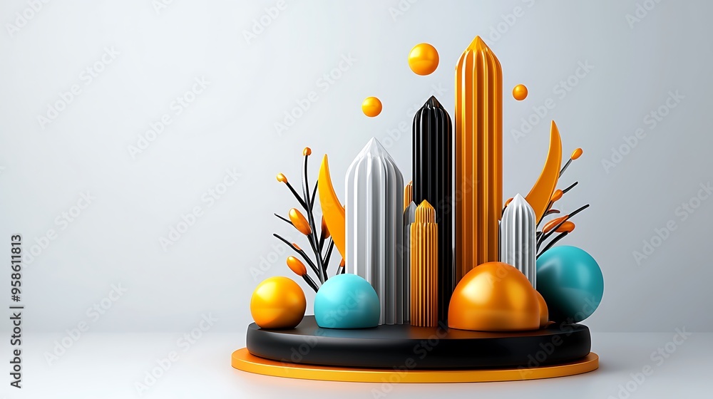 Poster abstract geometric shapes in 3d rendering, presenting a minimalist composition that merges art with 