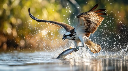 A bird is flying in the air and catching a fish