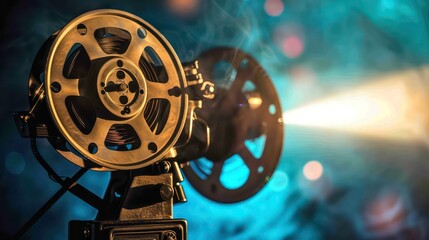 Obraz premium Closeup of a vintage film projector with the light shining through the lens and smoke behind it.