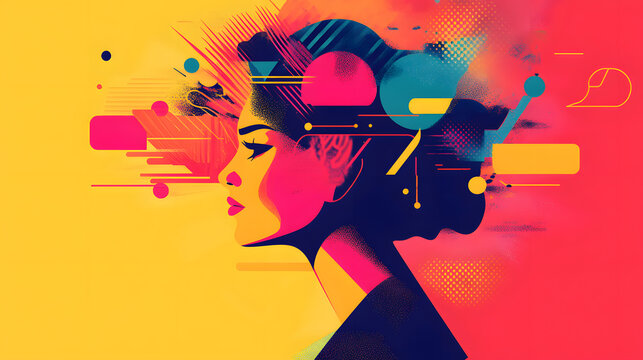 Young woman&rsquo;s brain exploding information to social media. style geometric minimalism with bright colors, abstract illustration of a young woman's brain exploding .