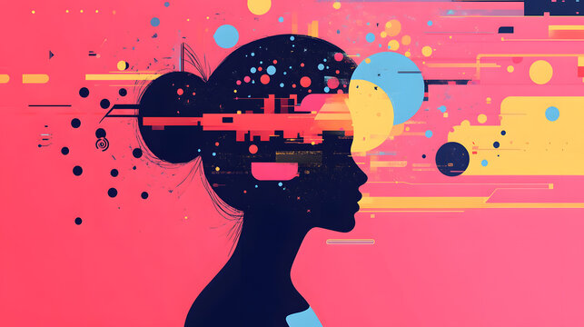 Young woman&rsquo;s brain exploding information to social media. style geometric minimalism with bright colors, abstract illustration of a young woman's brain exploding .