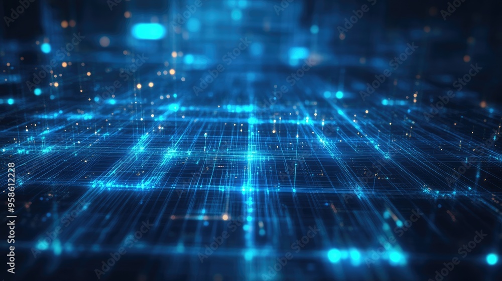Poster a digital abstract background with blue glowing lines and grids, representing futuristic technology 
