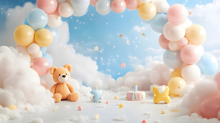 Arch takes center stage, adorned with pastel balloons drifting amidst fluffy clouds and twinkling stars. Scatter big kids toys and decorative clouds on the floor, and place a cheerful teddy bear