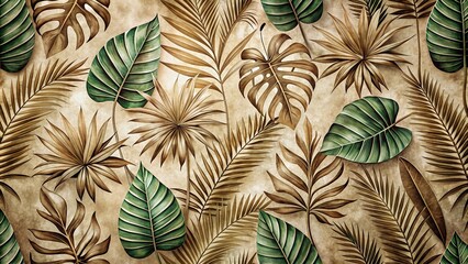 Fototapeta premium leaves, background, calming, Paper texture wallpaper with a tropical foliage pattern in a coffee color creating a captivating visual with leading lines and a natural aesthetic