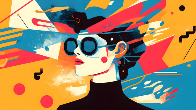 Young woman&rsquo;s brain exploding information to social media. style geometric minimalism with bright colors, abstract illustration of a young woman's brain exploding .