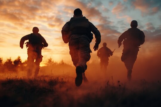 A group of soldiers is seen running in formation during a training exercise at sunset, showcasing discipline, teamwork, and the demands of military life.
