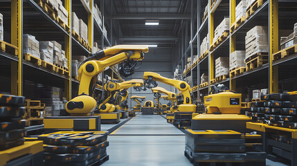 Isometric perspective of a group of yellow robot arms at a loading dock,  3D. The image, influenced  shows a dynamic warehouse with packages on shelves.
