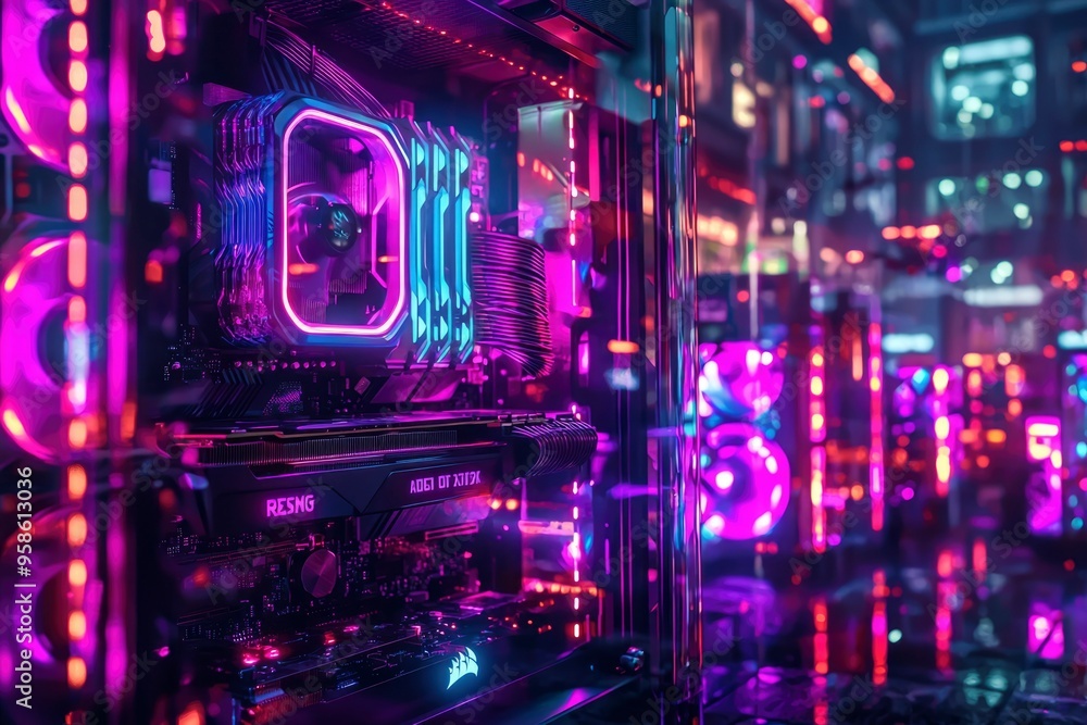 Poster close-up of a computer case with colorful rgb lighting
