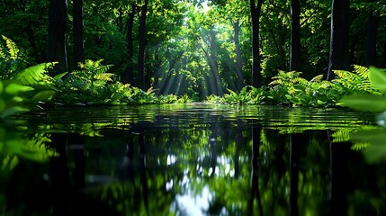Obraz premium Sunbeams shine through the trees and reflect on the calm waters of a forest pond, creating a peaceful and enchanting landscape.