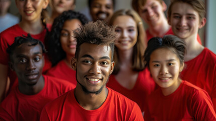 Fototapeta premium Smiling Diverse Multiracial Team of Volunteers in Red Uniforms at Warehouse Assisting with Charity Efforts. Generative ai