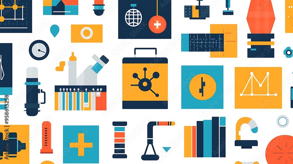 Poster a colorful flat design set of icons representing technology, science, and business, blending modern 