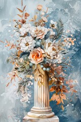 Fototapeta premium Winter Wedding Bouquet. Elegant Watercolor Illustration with Antique Column Decor on Festive Celebration