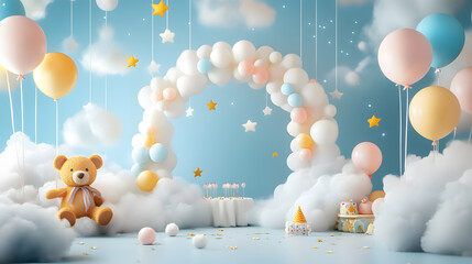 Arch takes center stage, adorned with pastel balloons drifting amidst fluffy clouds and twinkling stars. Scatter big kids toys and decorative clouds on the floor, and place a cheerful teddy bear