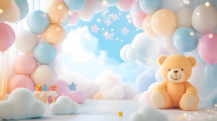 Arch takes center stage, adorned with pastel balloons drifting amidst fluffy clouds and twinkling stars. Scatter big kids toys and decorative clouds on the floor, and place a cheerful teddy bear