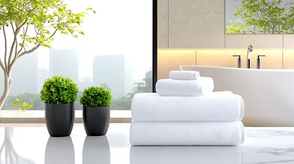White towels neatly stacked on a marble countertop in a chic modern bathroom, showcasing a spa-like atmosphere.