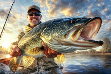 Angler's Big Catch at Sunset, trophy bass, sunset fishing, fisherman, proud catch, bass fishing