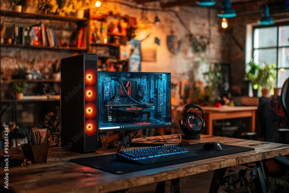 Poster Gaming Setup with a Custom PC and Illuminated Keyboard
