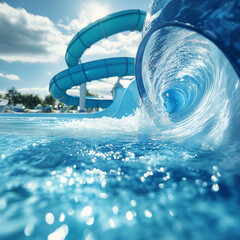 Close-up of a large waterslide spiraling into a crystal-clear pool at a waterpark