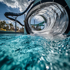 Close-up of a large waterslide spiraling into a crystal-clear pool at a waterpark