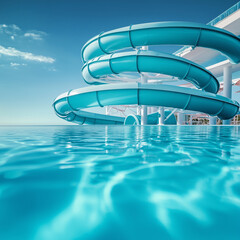 Close-up of a large waterslide spiraling into a crystal-clear pool at a waterpark