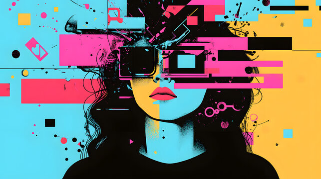 Young woman&rsquo;s brain exploding information to social media. style geometric minimalism with bright colors, abstract illustration of a young woman's brain exploding .