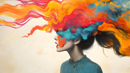 Young woman&rsquo;s brain exploding  information  to social media. The artwork includes a color layered background,  , rough chalk textures, and minimal art style .