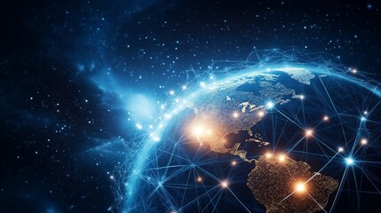 A glowing globe illustrates the global network of digital currencies in vibrant, starry space