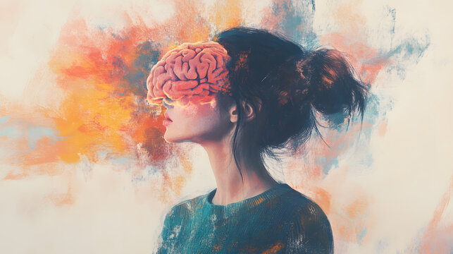 Young woman&rsquo;s brain exploding  information  to social media.  style geometric minimalism with bright  colors, abstract illustration of a young woman's brain exploding .