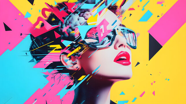 Young woman&rsquo;s brain exploding  information  to social media.  style geometric minimalism with bright  colors, abstract illustration of a young woman's brain exploding .