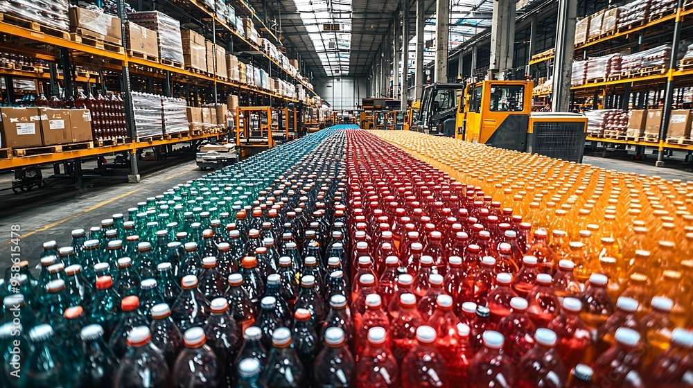 Poster rows of bottles neatly organized in a warehouse storage facility, showcasing efficient and large-sca