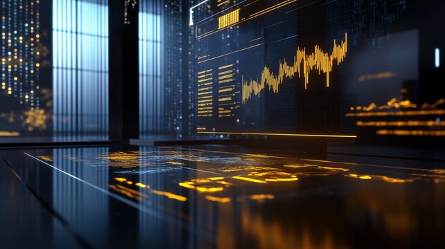 Golden holographic financial interface above a sleek modern office desk in a high-tech workspace