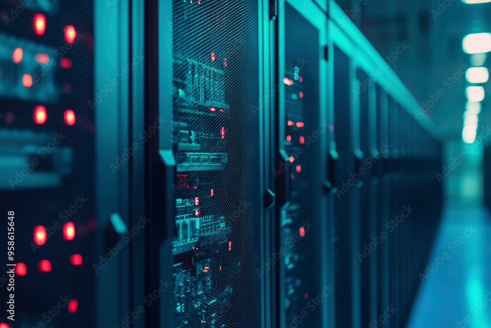 Poster row of server racks in a data center