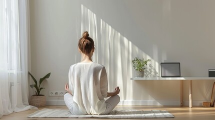 Woman Practicing Mindfulness Meditation at Home with Laptop Surrounded by Indoor Plants - Wellness and Technology Concept. Generative ai