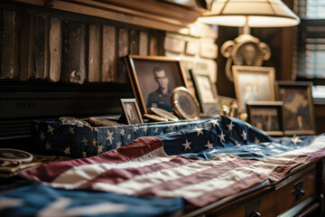 Patriotic display with folded American flag and framed photos of a veteran, a tribute to their service and sacrifice on Veterans Da